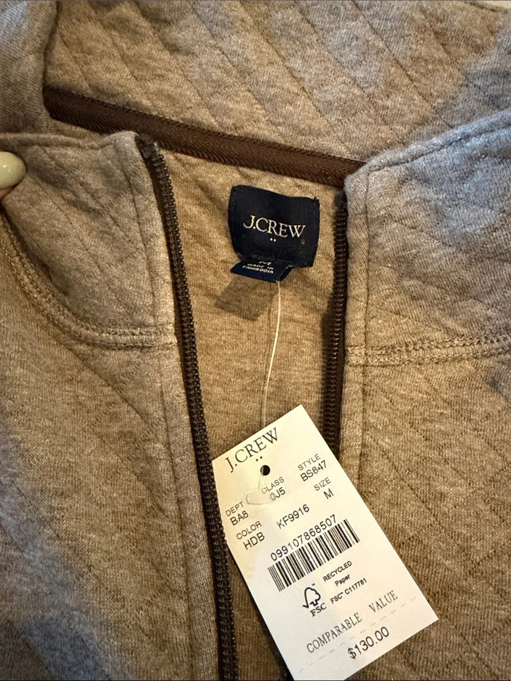 J. Crew Men's Quilted Half-Zip Sweater in Taupe Heather